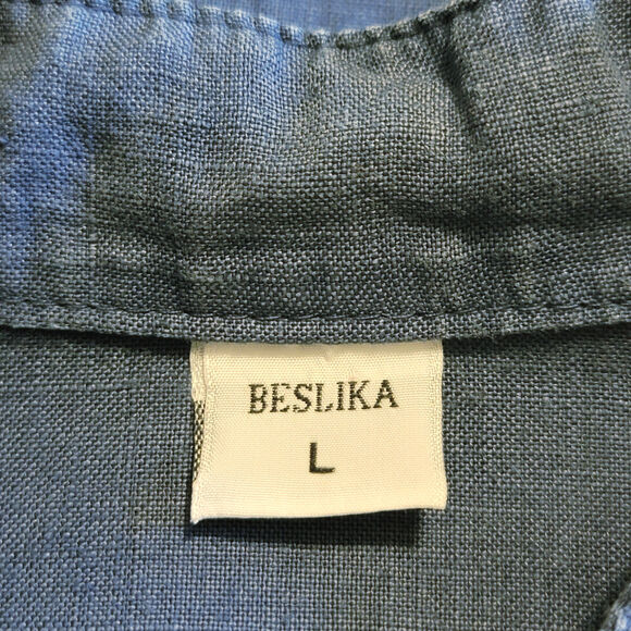 Beslika Blue Chambray Linen Tunic Top Short Sleeve Classic Minimalist Casual L - Picture 9 of 11